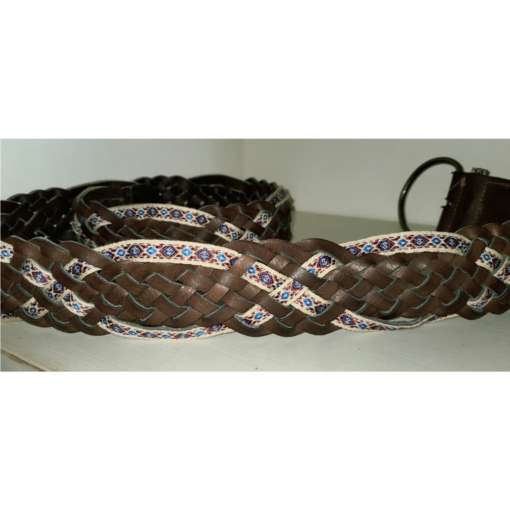 Vintage Brown Vegan Braided Belt Woven Faux Leather Embroidered Trim Hippie 2" W - Picture 9 of 9